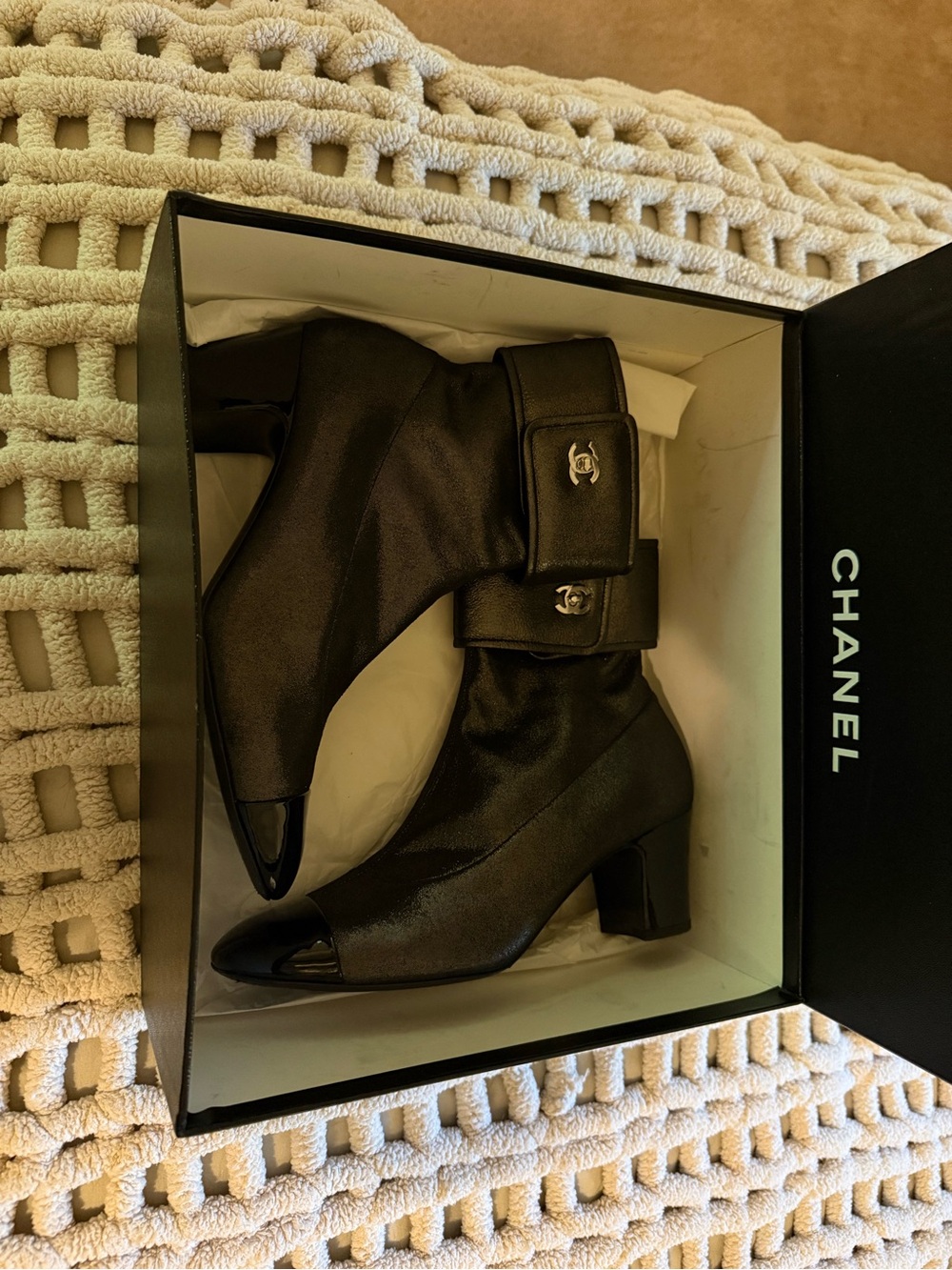 CHANEL Black Ankle Boots with Fold-Over Logo Cuff